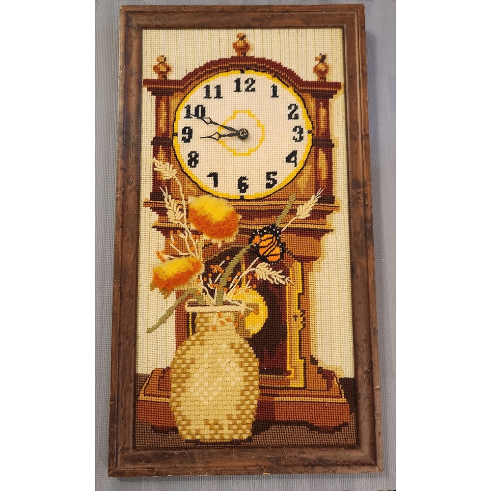 Vintage Needlepoint Wall Clock Grandfather Clock‎ Floral Butterfly Wood Frame